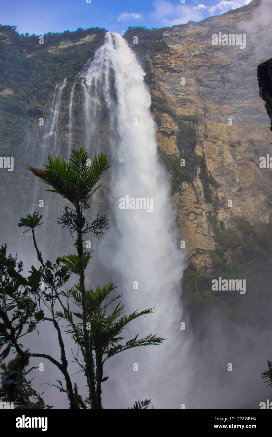 Eine üppige grüne Landschaft mit einem Gocta Falls Wasserfall neben Chachapoyas Stockfoto