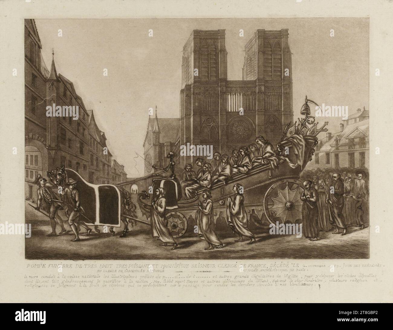 Bestatter von sehr hohem sehr mächtigen und prächtigen Lord Klerus von Frankreich, gestorben 2. November 1789, Tag der Toten, Gravierer, um 1789, Druck, Grafik, French Revolution, Druck, Ätzen, Aquatint, Abmessungen - Arbeit: Höhe: 24,9 cm, Breite: 33,5 cm, Abmessungen - Montage:, Höhe: 32,5 cm, Breite: 50 cm Stockfoto