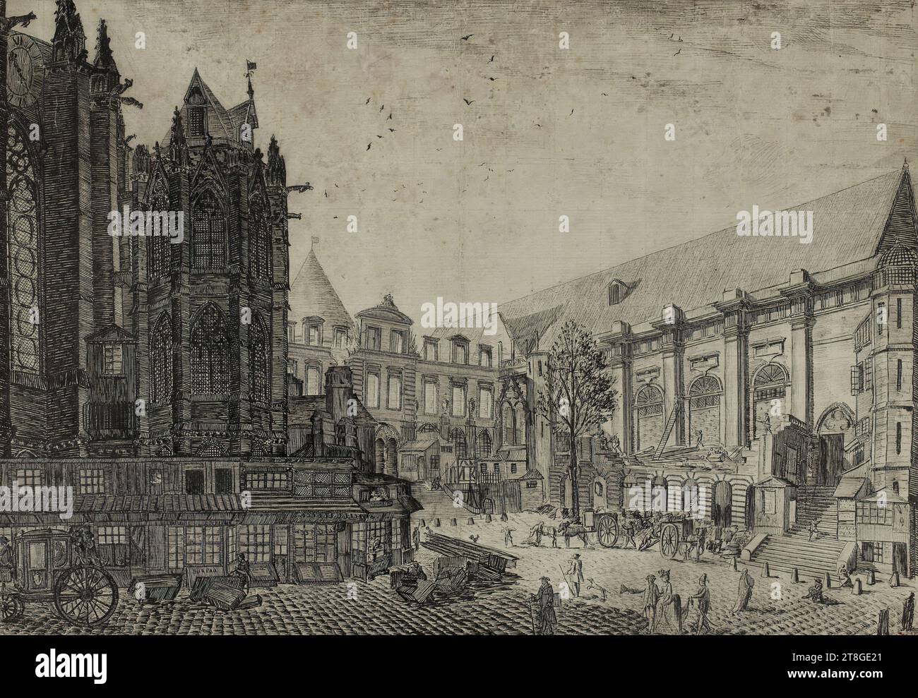 Ansicht des Palais de Justice, aufgenommen nach dem Brand von 1776, Zeichner, 10-5-1776, Zeichnung, Grafik, Zeichnung, Stift (Grafik), Schwarze Tinte, Abmessungen - Arbeit: Höhe: 37,7 cm, Breite: 53 cm, Abmessungen - Befestigung:, Höhe: 48 cm, Breite: 62,8 cm Stockfoto