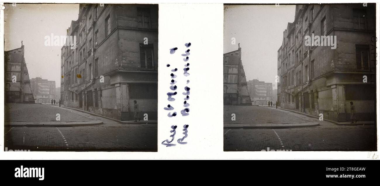 Rue Brisemiche an der Ecke Rue Saint-Merri, nach dem Abriss, 4. Arrondissement, Paris, Fotograf, zwischen 1927 und 1935, Fotografie, Stereoskopische Ansicht, Paris, Abmessungen - Arbeit: Höhe: 4,1 cm, Breite: 10,4 cm Stockfoto