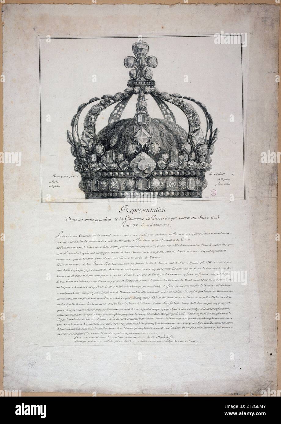 Darstellung der Krone, die für die Krönung Ludwigs XV. Am 25. Oktober 1722 verwendet wurde, in ihrer wahren Größe, Antoinne, Gravierer, Antoinne, Verlag, 18. Jahrhundert, Druck, Grafik, Druck, Ätzen, Abmessungen - Arbeit: Höhe: 57,2 cm, Breite: 40,2 cm, Abmessungen - Montage:, Höhe: 65,2 cm, Breite: 49,5 cm Stockfoto