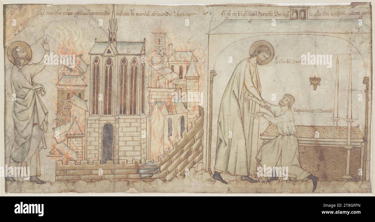 Saint Eloi rettet die Kirche Saint-Martial auf der Île de la Cité vor Feuer. Saint Eloi heilt einen Gelähmten in der Abtei von Saint-Denis, Zeichner, um 1250, Mitte des 13. Jahrhunderts, Zeichnung, Beleuchtung, Abmessungen – Arbeit: Höhe: 17,7 cm, Länge: 34 cm Stockfoto