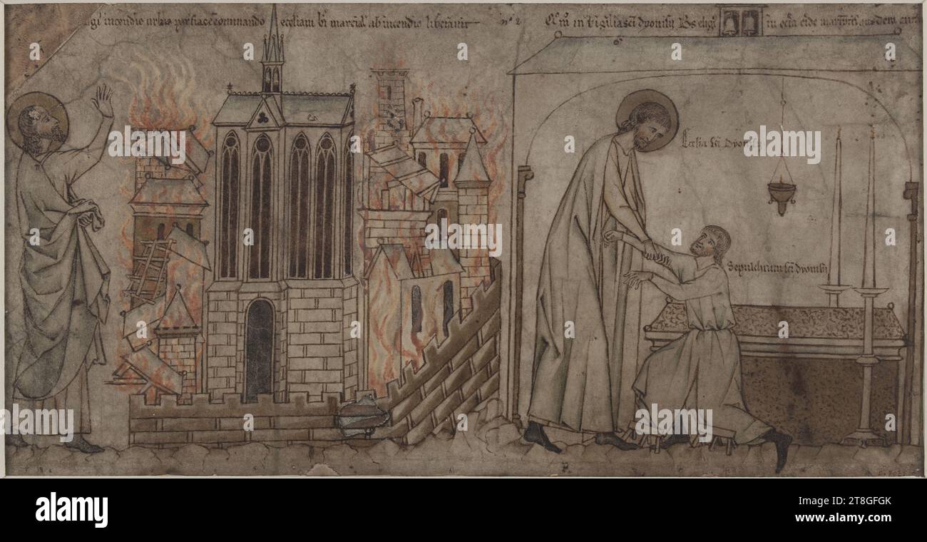 Saint Eloi rettet die Kirche Saint-Martial auf der Île de la Cité vor Feuer. Saint Eloi heilt einen Gelähmten in der Abtei von Saint-Denis, Zeichner, um 1250, Mitte des 13. Jahrhunderts, Zeichnung, Beleuchtung, Abmessungen – Arbeit: Höhe: 17,7 cm, Länge: 34 cm Stockfoto