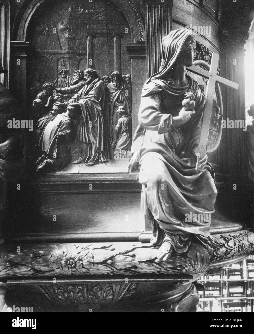 Stuhl von Lestocart der Kirche Saint-Etienne-du-Mont, 5. Arrondissement, Paris, Atget, Eugène (Jean Eugène Auguste Atget), Fotograf, Fotografie, Grafik, Albumendruck, Abmessungen – Arbeit: Höhe: 21,2 cm, Breite: 18,1 cm Stockfoto