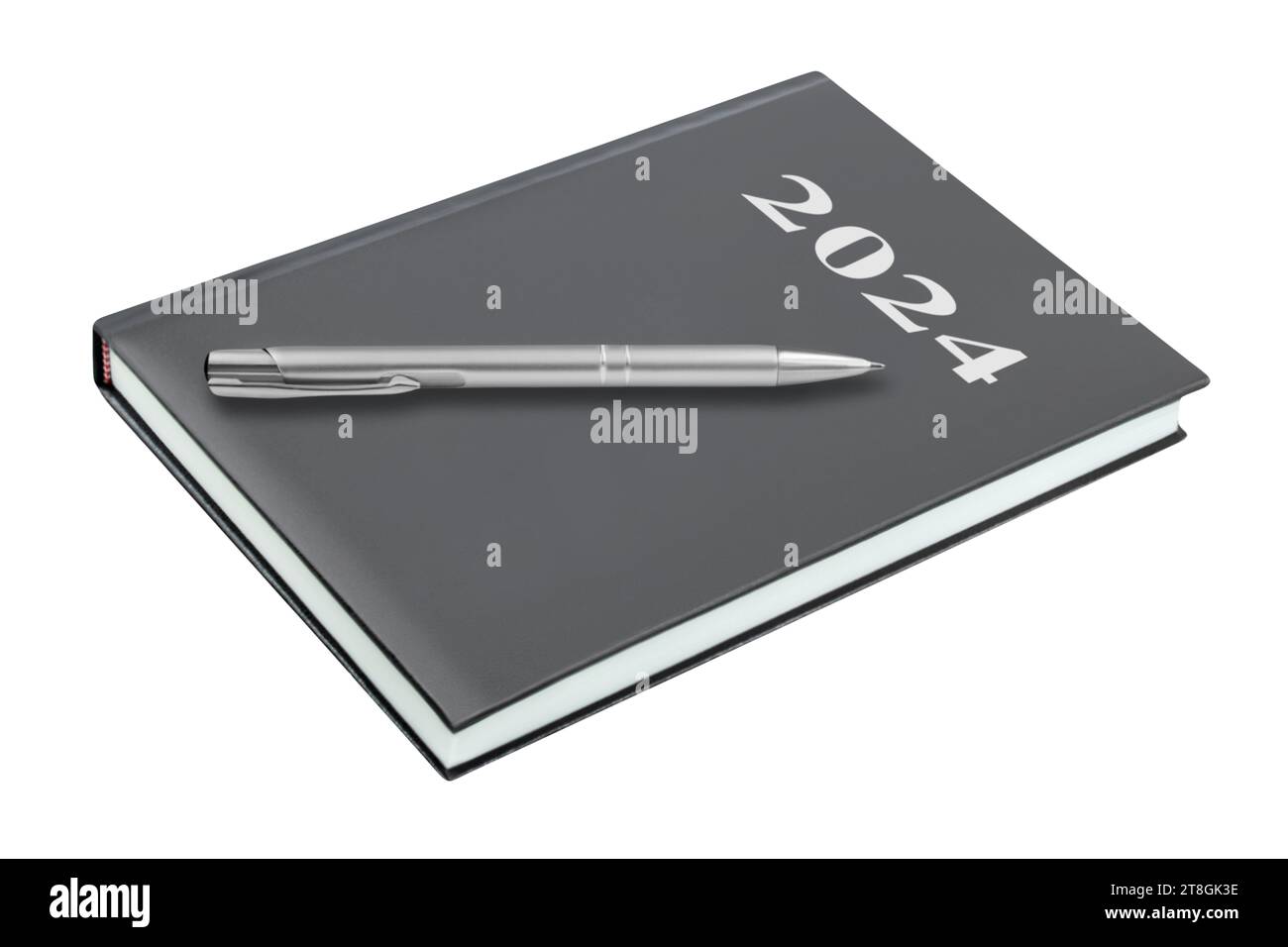 Kalenderbuch 2024 und Bleistift isoliert auf weißem Hintergrund Stockfoto