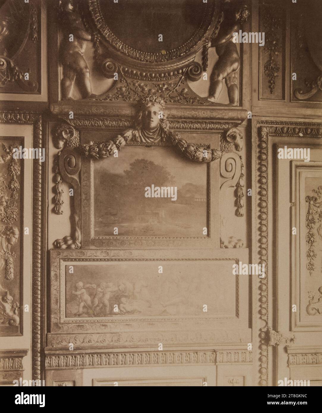 Gemalte Dekoration, Innenausstattung des Hôtel de Lauzun, 17 Quai d'Anjou, 4. Arrondissement, Paris, Atget, Eugène (Jean Eugène Auguste Atget), Fotograf, Fotografie, Grafik, Albumendruck, Abmessungen – Arbeit: Höhe: 22 cm, Breite: 17,6 cm Stockfoto