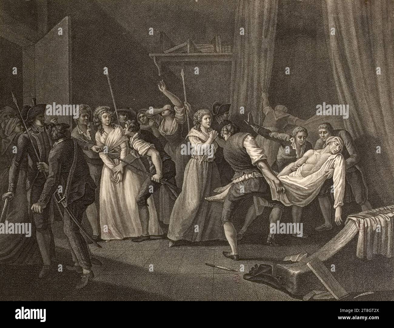 Ermordung von Jean-Paul Marat durch Charlotte Corday am 13. Juli 1793. Französische Revolution, Bance, Jacques Louis (Elder), Herausgeber, Brion de la Tour, Louis (Sohn), Autor des Modells, Brion de la Tour, Louis (Sohn), Gravierer, 1794, Print, Graphic Arts, French Revolution, Druck, Ätzen, Abmessungen - Arbeit: Höhe: 30,6 cm, Breite: 48 cm, Abmessungen - Montage:, Höhe: 32,5 cm, Breite: 50 cm Stockfoto