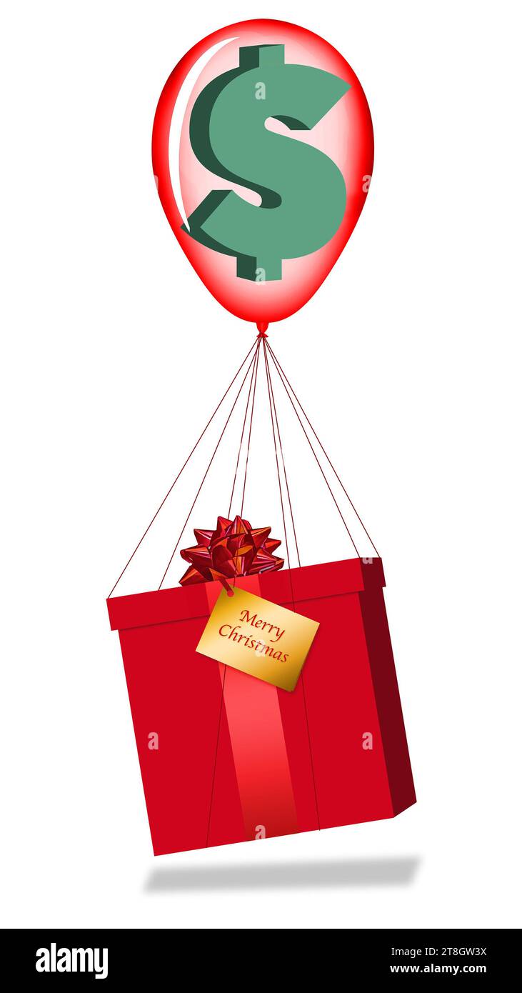 Ein Dollarschild in einem aufgeblähten Ballon hebt eine Weihnachtsgeschenkbox in einer 3D-Illustration über die hohen Kosten des Weihnachtseinkaufs auf. Inflation und steigende Preise Stockfoto