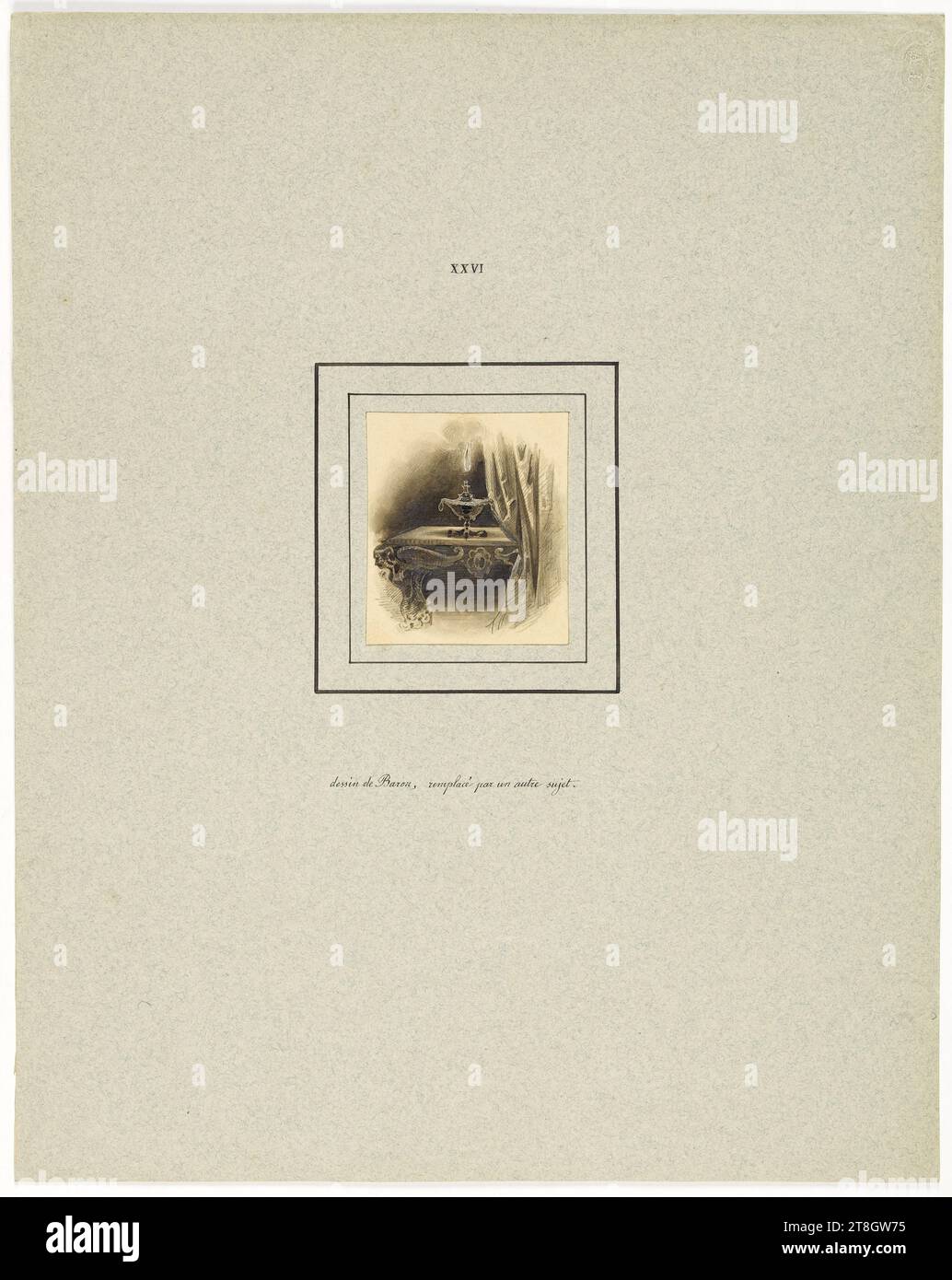 Flamme aus einer Lampe auf einer kunstvollen Konsole, Baron, Henri-Charles-Antoine, Zeichner, 1838, 19. Jahrhundert, Maison de Balzac, Grafik, Buchillustration, Zeichnung, Papier, Graphit, Tinte, weiß, Abmessungen - Antike Halterung:, Höhe: 36,5 cm, Breite: 29 cm, Abmessungen - Arbeit: Höhe: 7,3 cm, Breite: 6,3 cm Stockfoto