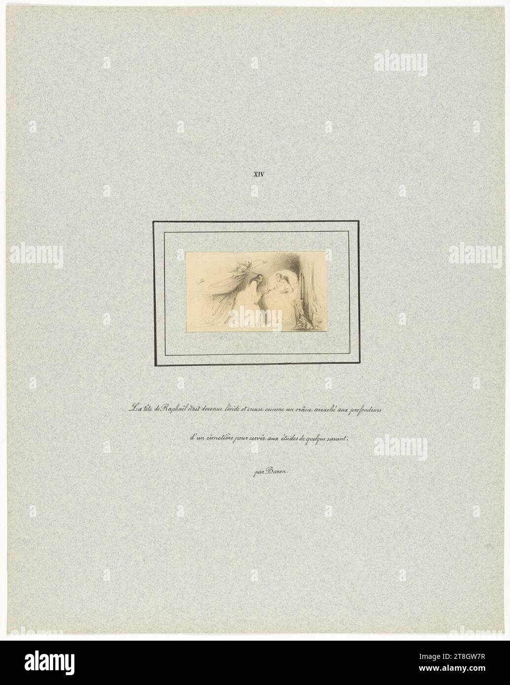 Sie bedeckte ihr Gesicht mit den Händen, denn sie konnte das abscheuliche Skelett des TODES sehen“, Baron Henri-Charles-Antoine, Zeichner, 1838, 19. Jahrhundert, Maison de Balzac, Grafik, Buchillustration, Zeichnung, Tinte, Papier, Waschen, Graphit, Abmessungen - Antike Halterung:, Höhe: 36,5 cm, Breite: 29 cm, Abmessungen - Arbeit: Höhe: 4,2 cm, Breite: 8,2 cm Stockfoto