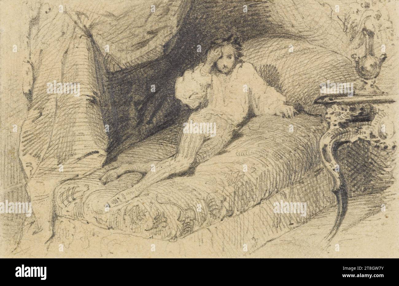 Homme allongé sur un lit, Baron, Henri-Charles-Antoine, Zeichner, 1838, 19. Jahrhundert, Maison de Balzac, Grafik, Buchillustration, Zeichnung, Papier, Graphit, Abmessungen - Alte Installation:, Höhe: 36,5 cm, Breite: 29 cm, Abmessungen - Arbeit: Höhe: 4,8 cm, Breite: 7,4 cm Stockfoto