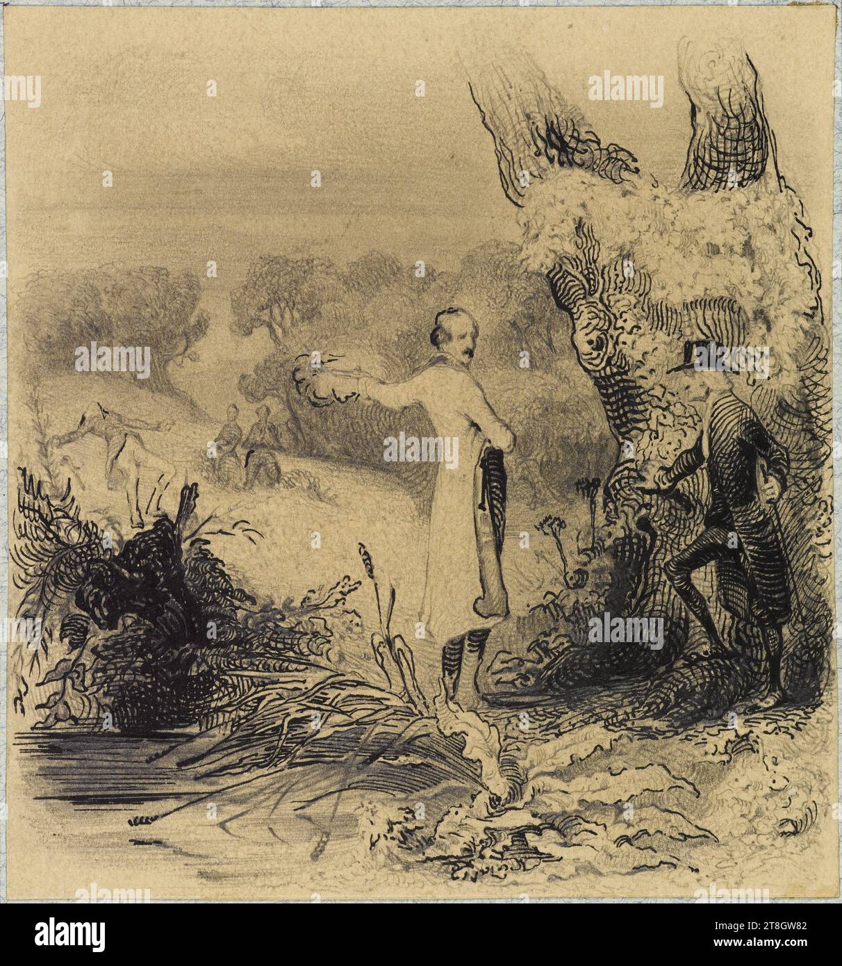 Durch den willkürlichen Schieß schlägt Raphaël seinem Gegner ins Herz." Baron, Henri-Charles-Antoine, Zeichner, 1838. 19. Jahrhundert, Maison de Balzac, Grafik, Buchillustration, Zeichnung, Tinte, Papier, Waschen, Graphit, Abmessungen - Antike Halterung:, Höhe: 36,5 cm, Breite: 29 cm, Abmessungen - Arbeit: Höhe: 8,8 cm, Breite: 8,3 cm Stockfoto