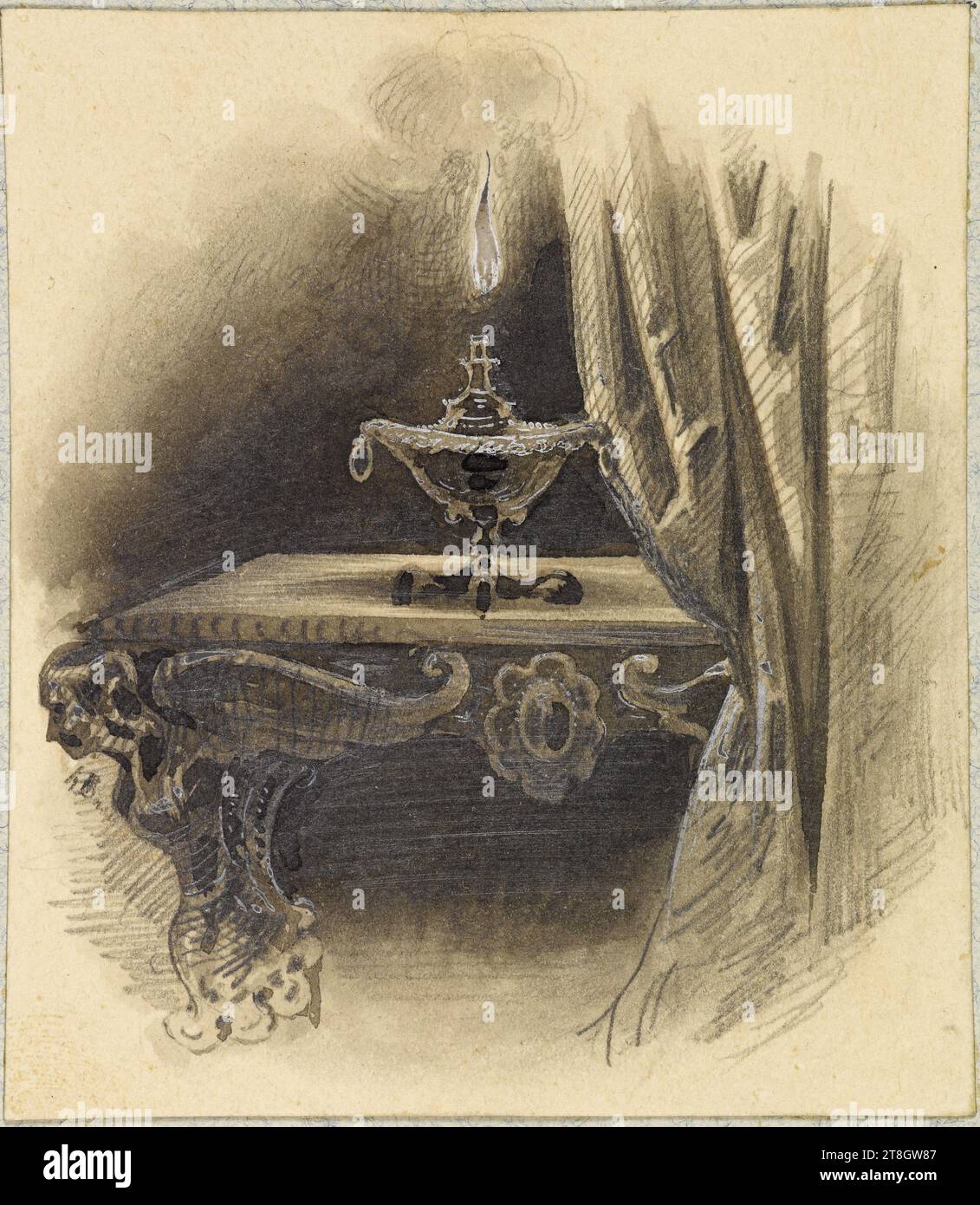 Flamme aus einer Lampe auf einer kunstvollen Konsole, Baron, Henri-Charles-Antoine, Zeichner, 1838, 19. Jahrhundert, Maison de Balzac, Grafik, Buchillustration, Zeichnung, Papier, Graphit, Tinte, weiß, Abmessungen - Antike Halterung:, Höhe: 36,5 cm, Breite: 29 cm, Abmessungen - Arbeit: Höhe: 7,3 cm, Breite: 6,3 cm Stockfoto