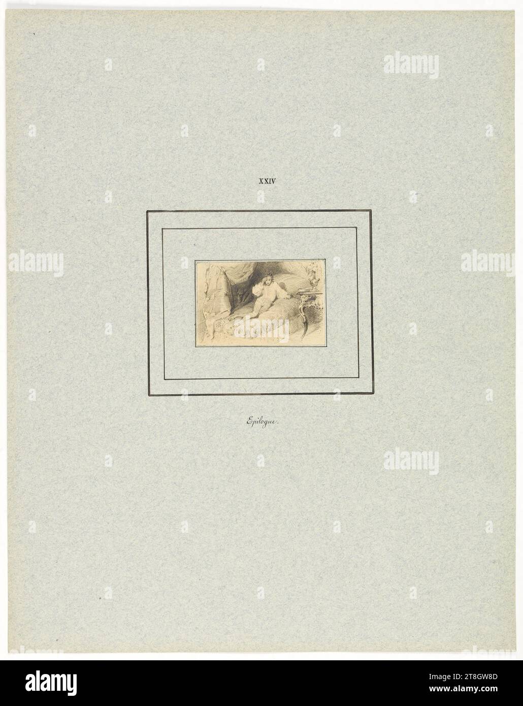Mann, der auf einem Bett liegt, Baron, Henri-Charles-Antoine, Zeichner, 1838, 19. Jahrhundert, Maison de Balzac, Grafik, Buchillustration, Zeichnung, Papier, Graphit, Abmessungen - Alte Installation:, Höhe: 36,5 cm, Breite: 29 cm, Abmessungen - Arbeit: Höhe: 4,8 cm, Breite: 7,4 cm Stockfoto