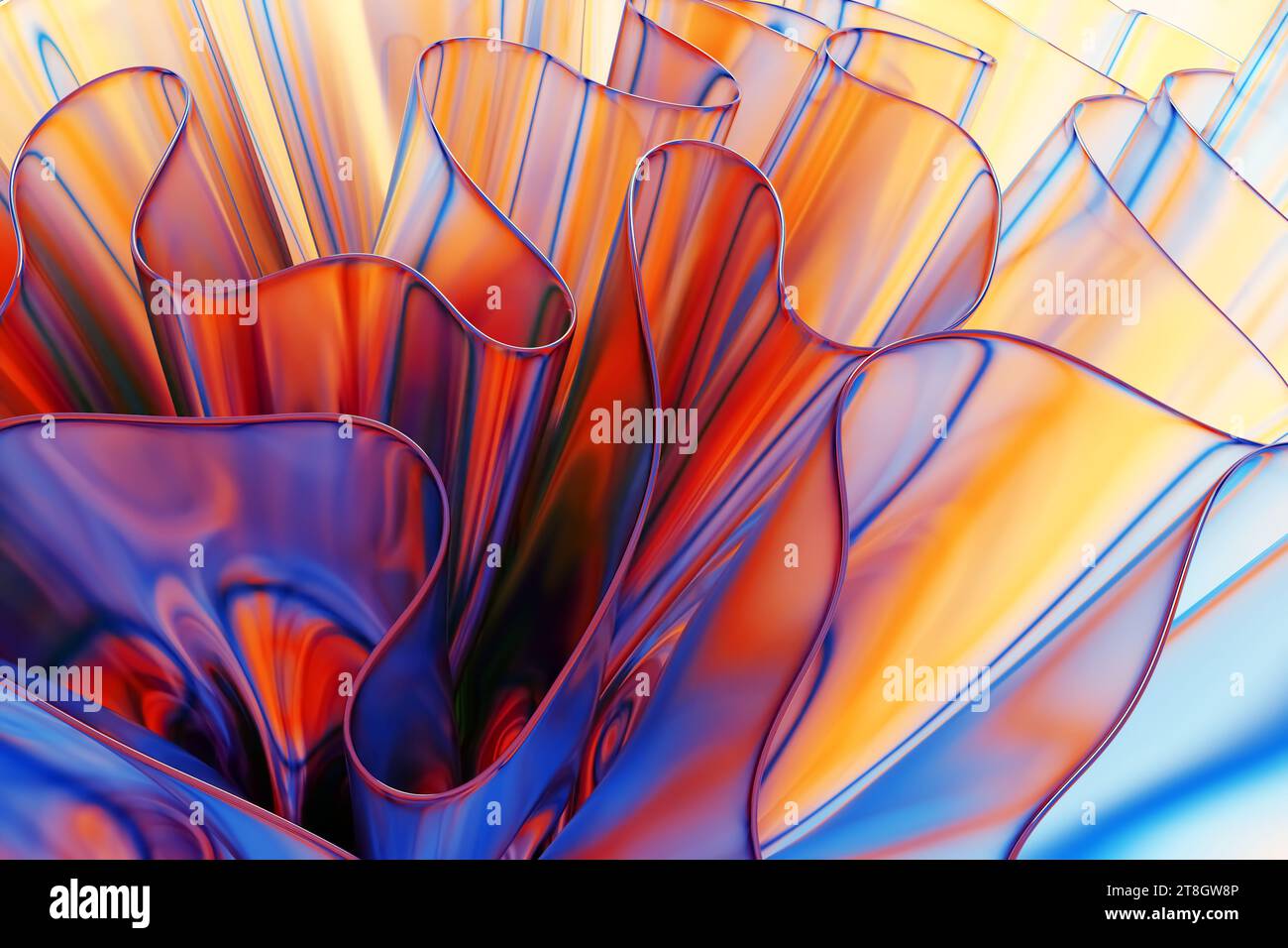 Glaswellen, gekrümmte Schichten. Abstraktes 3D-Rendering im Hintergrund Stockfoto
