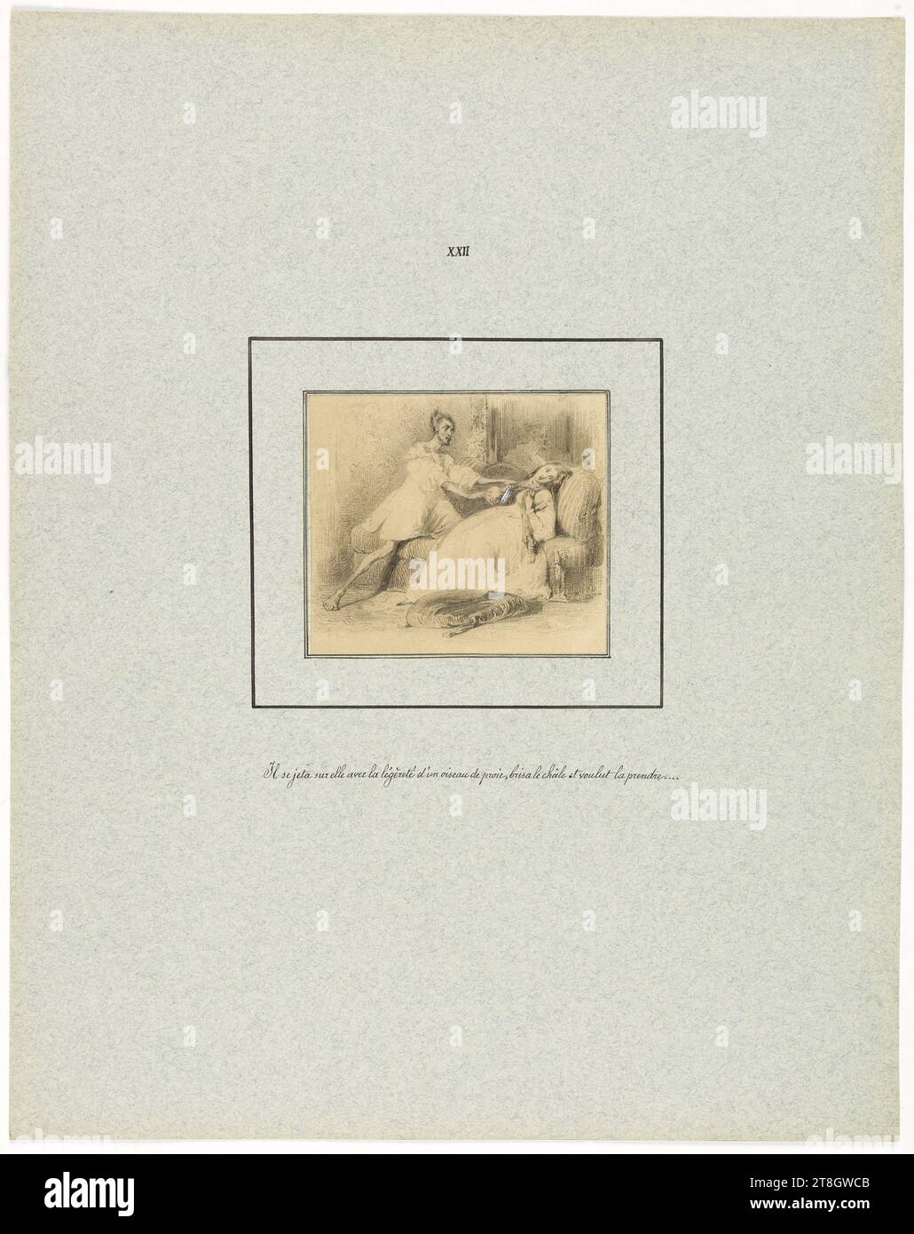 Pauline Gaudin de Witschnau versuchte sich zu töten, Baron, Henri-Charles-Antoine, Zeichner, 1838, 19. Jahrhundert, Maison de Balzac, Grafik, Buchillustration, Zeichnung, Papier, weiß, Graphit, Abmessungen - Antike Halterung:, Höhe: 36,5 cm, Breite: 29 cm, Abmessungen - Arbeit: Höhe: 8,5 cm, Breite: 9,7 cm Stockfoto