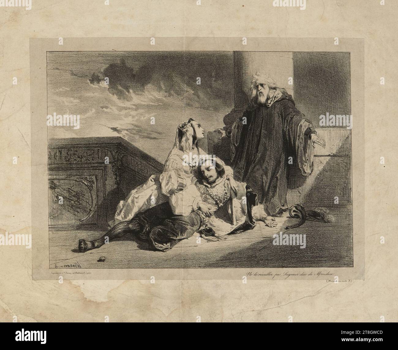 Wecke ihn nicht auf, Hernani, Herzog von Mendoce, Baron, Henri-Charles-Antoine, Zeichner und Lithograph, Perrin, Louis, Druckerlithograf, Verleger, 1839, 2. Viertel des 19. Jahrhunderts, Maison von Victor Hugo - Hauteville House, Print, Graphic Arts, Print, Lithografie, Papier, Abmessungen – Merkmal Carré:, Höhe: 15. 7 cm, Breite: 22 cm, Abmessungen – Arbeit: Höhe: 25,3 cm, Breite: 29,7 cm Stockfoto