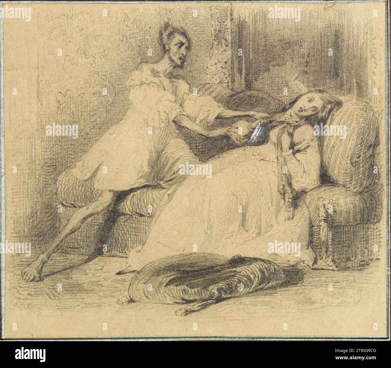 Pauline Gaudin de Witschnau versuchte sich zu töten, Baron, Henri-Charles-Antoine, Zeichner, 1838, 19. Jahrhundert, Maison de Balzac, Grafik, Buchillustration, Zeichnung, Papier, weiß, Graphit, Abmessungen - Antike Halterung:, Höhe: 36,5 cm, Breite: 29 cm, Abmessungen - Arbeit: Höhe: 8,5 cm, Breite: 9,7 cm Stockfoto