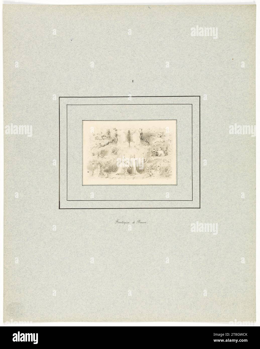 Motive, die das Leben von Raphaël de Valentin, Baron, Henri-Charles-Antoine, Zeichner, 1838 zusammenfassen, 19. Jahrhundert, Maison de Balzac, Grafik, Buchillustration, Zeichnung, Papier, Graphit, Abmessungen - Antike Halterung:, Höhe: 36,5 cm, Breite: 29 cm, Abmessungen - Arbeit: Höhe: 7,5 cm, Breite: 10,7 cm Stockfoto