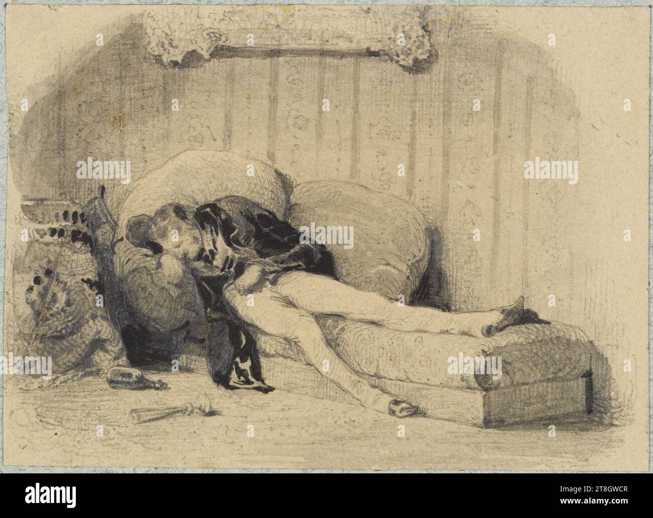 Raphaël de Valentin ivre, Baron, Henri-Charles-Antoine, Zeichner, 1838, 19. Jahrhundert, Maison de Balzac, Grafik, Buchillustration, Zeichnung, Tinte, Papier, Waschen, Graphit, Abmessungen - Antike Halterung:, Höhe: 36,5 cm, Breite: 29 cm, Abmessungen - Arbeit: Höhe: 5,2 cm, Breite: 7,3 cm Stockfoto