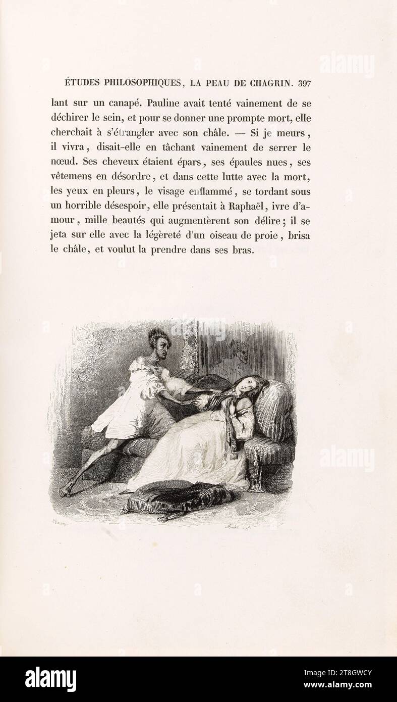 Pauline Gaudin de Witschnau versucht sich umzubringen, Baron, Henri-Charles-Antoine, Zeichner, Torlet, Adolphe, Aquafortist, 1838, Grafik, Manuskripte, Drucksachen, Bindung, Buchillustration, Ätzen, Abmessungen - Bild:, Höhe: 8 cm, Breite: 9,5 cm Stockfoto