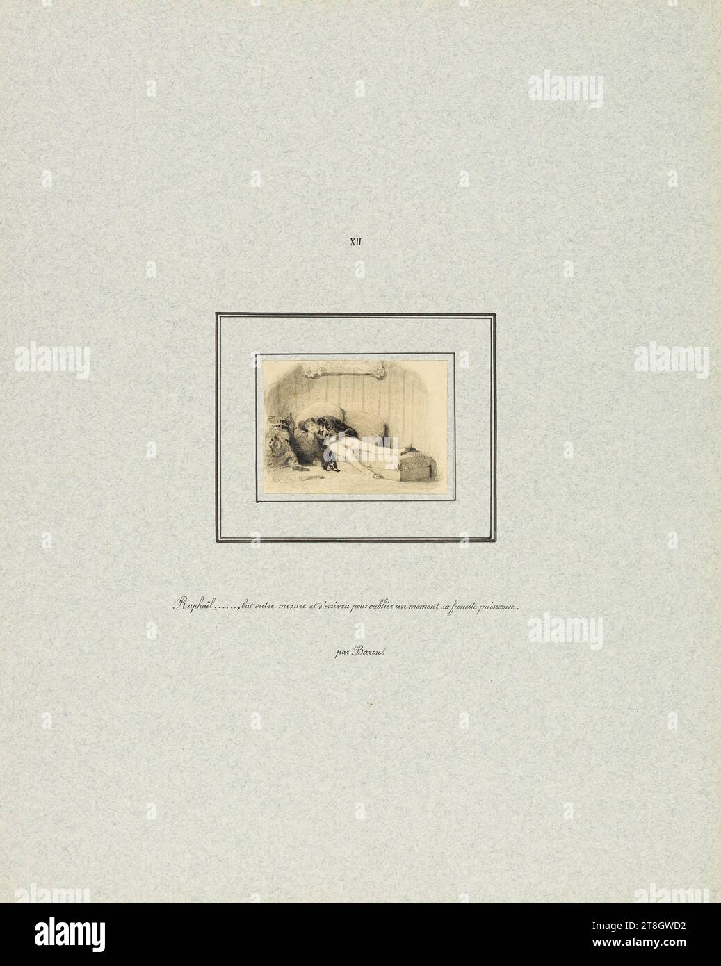 Raphaël de Valentin ivre, Baron, Henri-Charles-Antoine, Verfasser, 1838, 19. Jahrhundert, Maison de Balzac, Grafik, Buchillustration, Zeichnung, Tinte, Papier, Waschen, Graphit, Abmessungen - Alte Montage:, Höhe: 36,5 cm, Breite: 29 cm, Abmessungen - Arbeit: Höhe: 5,2 cm, Breite: 7,3 cm Stockfoto