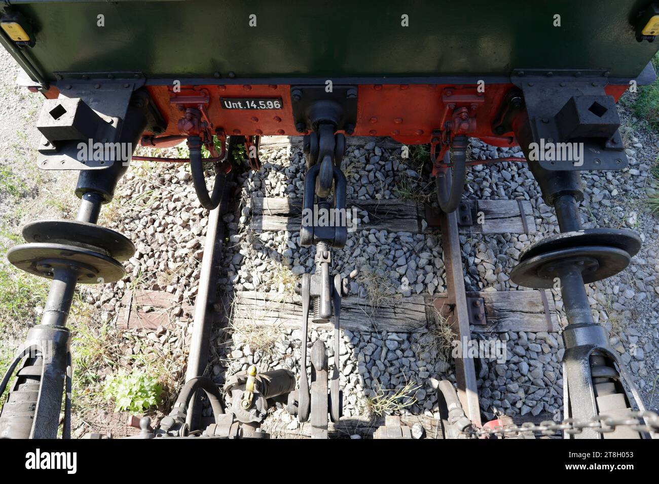 Puffer und Kupplung an einem alten Eisenbahnwagen Stockfoto