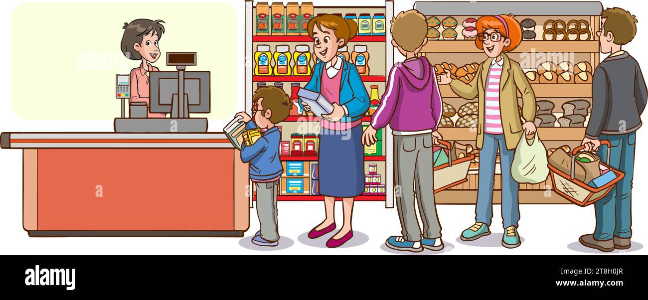 Shopping Kinder und Familie Cartoon Vektor Illustration Stock Vektor