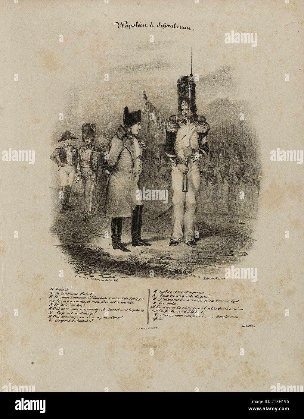 Napoleon in Schönbrunn Dialog, während einer Rezension, zwischen Napoleon und einem Grenadier der Garde, Zeichner-Lithograph, Ratier, Charles Victor Hilaire, Drucker-Lithograph, unbekannt, Verleger, Druck, Grafik, Druck, Lithographie, Abmessungen - Arbeit: Höhe: 32,9 cm, Breite: 25,9 cm, Abmessungen - Montage:, Höhe: 50 cm, Breite: 32,7 cm Stockfoto