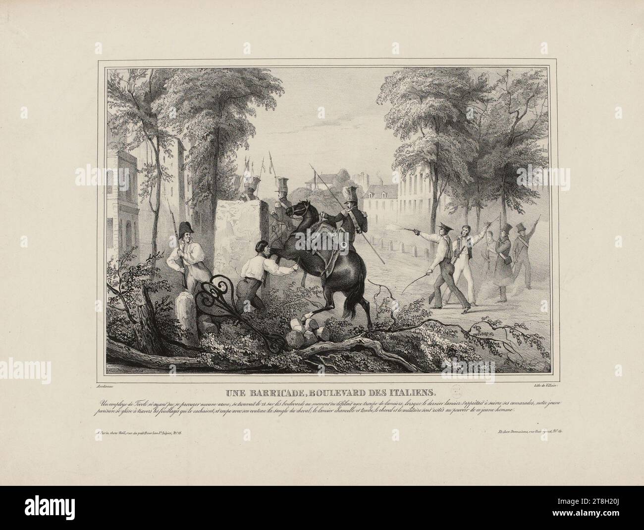 Die Barricade Boulevard des Italiens, Asselineau, Leon Auguste, Zeichner/Lithograph, Bösewicht, Jean-Francois, Drucker-Lithograph, Noël (Drucker), Verlag, Desmaisons, Verlag, ca. 1830, Druck, Grafik, Druck, Druck, Lithographie, Abmessungen - Arbeit: Höhe: 32,6 cm, Breite: 49,2 cm, Abmessungen - Montage:, Höhe: 32,6 cm, Breite: 49,4 cm Stockfoto