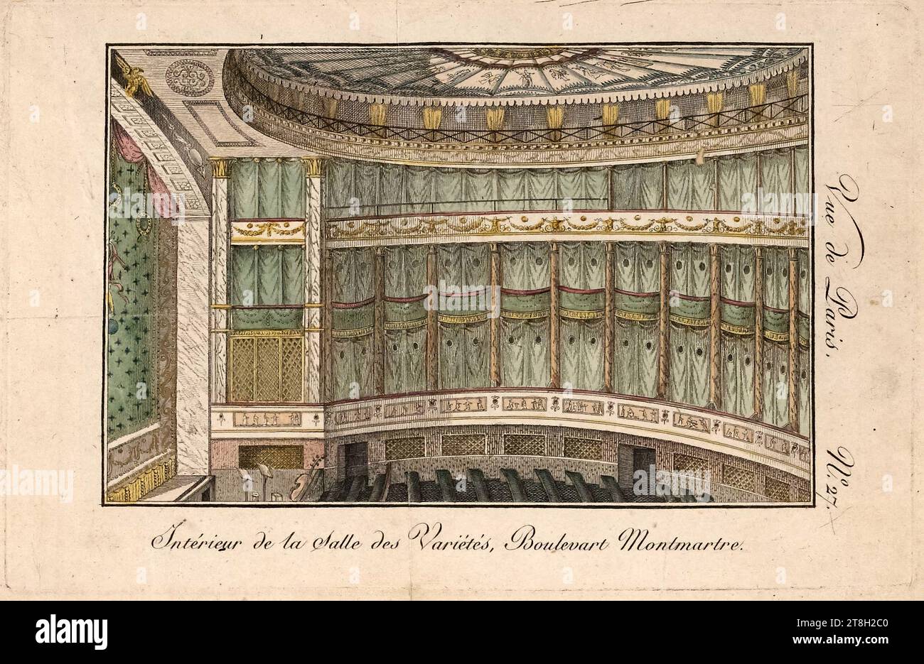 Vue de Paris, N°27, Innenraum der Salle des Variétés, Boulevard Montmartre, Gravierer, Druck, Grafik, drucken, Ätzen, Abmessungen - Arbeit: Höhe: 12,2 cm, Breite: 18,6 cm, Abmessungen - Befestigung:, Höhe: 32 cm, Breite: 50 cm Stockfoto