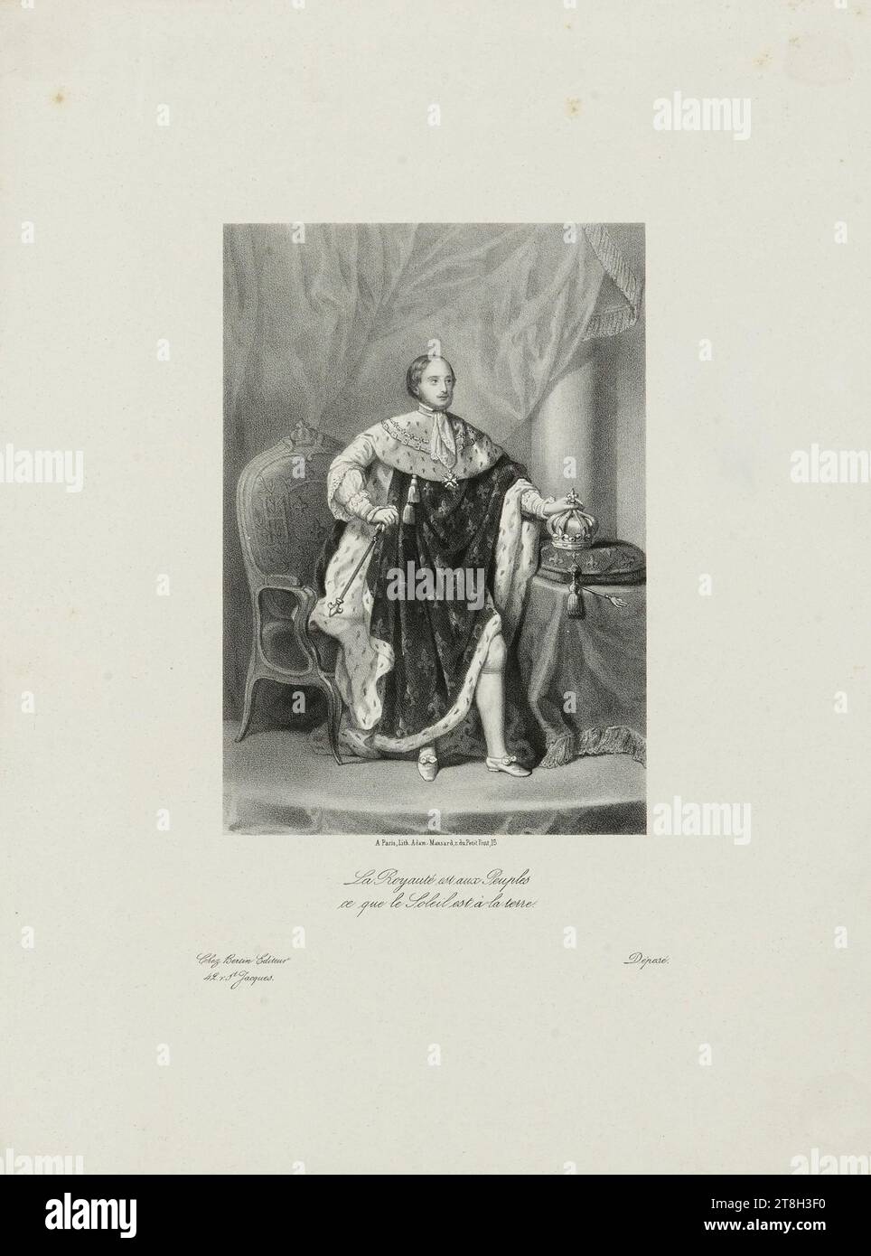 Der Graf von Chambord als König, Adam-Mansard, Drucker-Lithograph, Bertin, Verleger, im Jahr 1850 wurden Druck, Grafik, Druck, Lithografie, Abmessungen – Arbeit: Höhe: 30,8 cm, Breite: 23 cm, Abmessungen – Befestigung:, Höhe: 50 cm, Breite: 32 cm Stockfoto