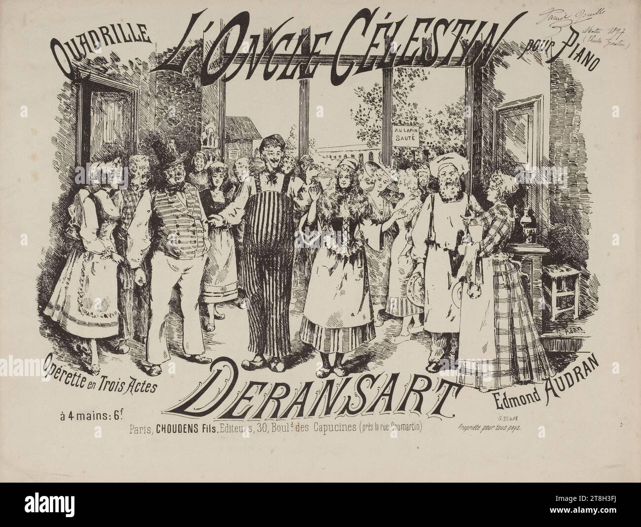 L'Oncle Célestin, Titelseite der Quadrille-Partitur von Deransart nach Edmond Audran, Adan, G., Dessinateur-Lithographe, Choudens Père et Fils, Herausgeber, EN 1891, Print, Graphic Arts, Druck, Lithografie, Abmessungen - Arbeit: Höhe: 26,5 cm, Breite: 35 cm, Abmessungen - Baugruppe:, Höhe: 32 cm, Breite: 50,5 cm Stockfoto