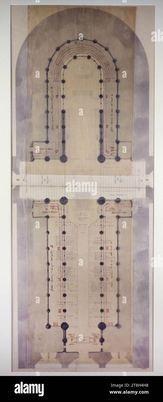 Grundriss der Kathedrale Notre-Dame für die Beerdigung des Herzogs von Orléans im Jahre 1842, Zeichner, nach 13-7-1842, 19. Jahrhundert, Grafik, Zeichnung, Zeichnung, Architekturzeichnung, Abmessungen - Arbeit: Höhe: 43,2 cm, Breite: 27,2 cm Stockfoto