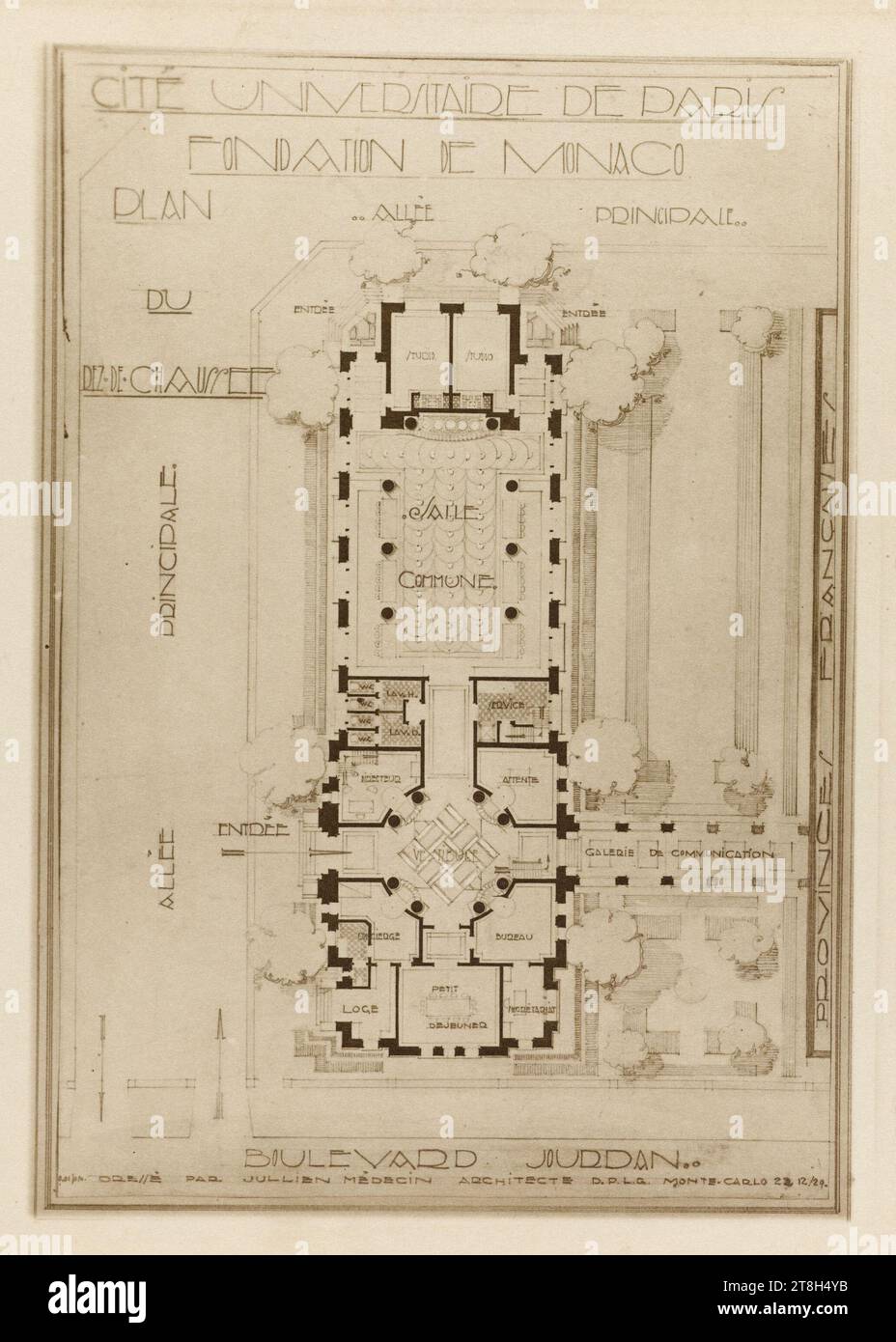 Grundriss der ersten Etage der Fondation de Monaco, Cité internationale universitaire de Paris, 14. Arrondissement, Fotograf, zwischen 1925 und 1937, Fotografie, Grafik, Fotografie, Gelatino Silberbromid-Druck, Abmessungen - Werk: Höhe: 16,6 cm, Breite: 11,6 cm, Abmessungen - Rand:, Höhe: 18 cm, Breite: 13,1 cm Stockfoto