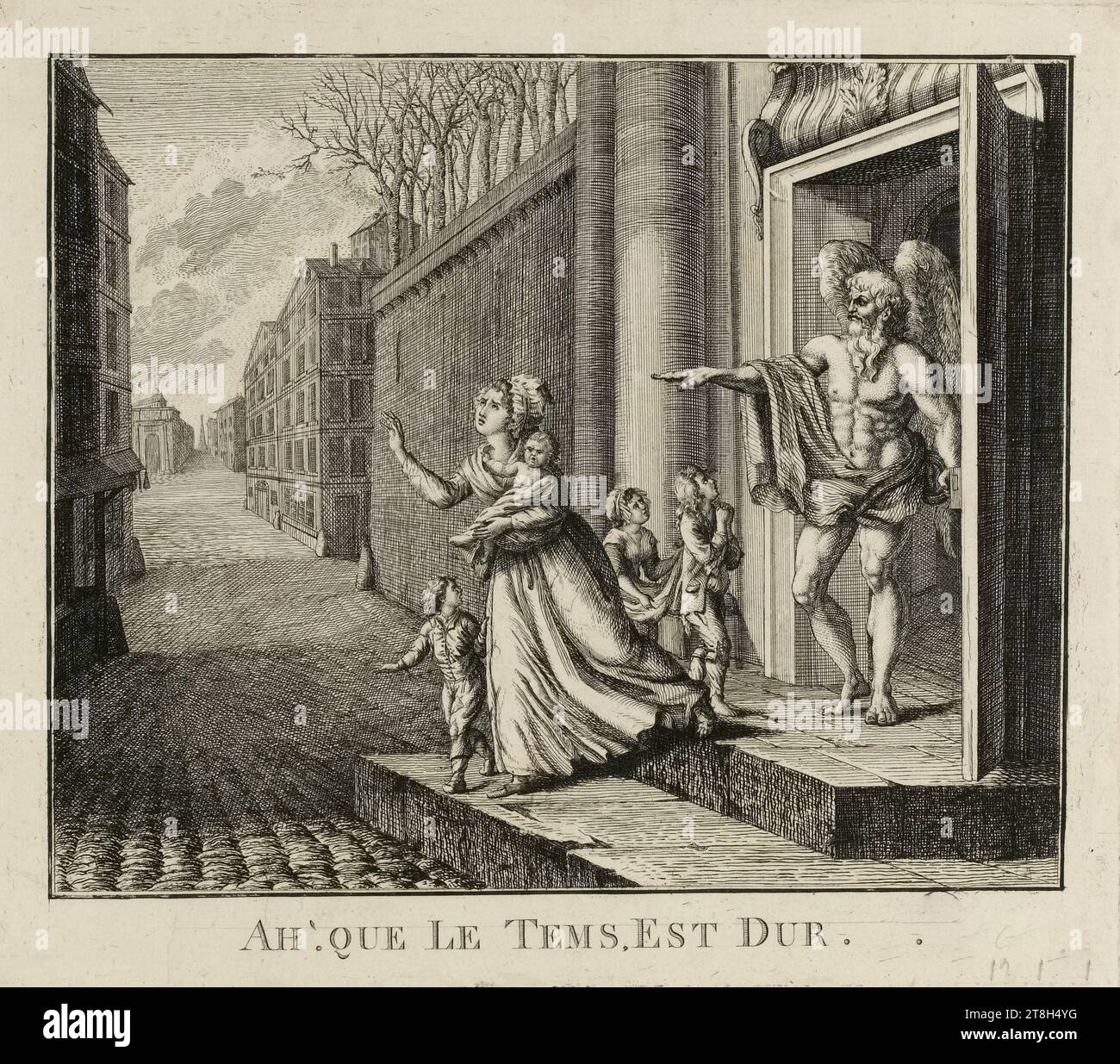 Allegorie des öffentlichen Elends. Französische Revolution, Ancien Régime. Zeit, eine Frau und Kinder aus einem Haus zu jagen. 1789, Gravierer, ca. 1779-1799, 4. Viertel 18. Jahrhundert, Druck, Grafik, Französische Revolution, Druck, Ätzen, Farbdruck, Abmessungen - Arbeit: Höhe: 22,5 cm, Breite: 18,8 cm, Abmessungen - Befestigung:, Höhe: 32,5 cm, Breite: 50 cm Stockfoto