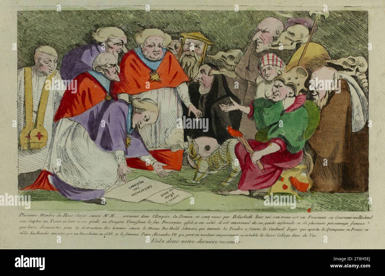 Mehrere Mitglieder des Hohen Klerus, namentlich Herr M.... Kommen Sie im Reich des Dämons an und werden von Beelzebub empfangen. Sein Thron ist ein Ofen ..., Gravierer, um 1791, Druck, Grafik, French Revolution, Druck, Ätzen, Abmessungen - Arbeit: Höhe: 29,5 cm, Breite: 46,5 cm, Abmessungen - Montage:, Höhe: 32,5 cm, Breite: 50 cm Stockfoto
