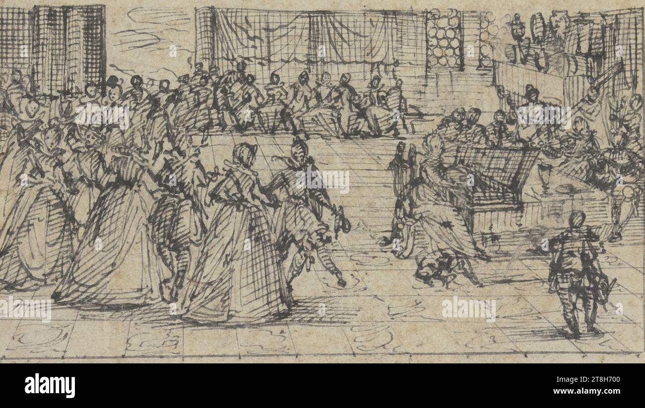 JACQUES CALLOT, kavaliere und Damen beim Tanz, eine Dame spielt Klavier und wird begleitet von einem Orchester, Blatt, 78 x 136 mm, Stift in schwarz auf vergé Papier, kavaliere und Damen beim Tanz, eine Dame spielt Klavier und wird von einem Orchester, JACQUES CALLOT, begleitet. 17. JAHRHUNDERT, BAROCKE NORDEUROPÄISCHE MANIERISM, ZEICHNUNG, Stift in Schwarz auf vergé-Papier, TINTE?, TINTE?, VERGET-PAPIER, STIFTZEICHNUNG, FRANZÖSISCH, FIGURENSTUDIE, BEWEGUNGSSTUDIE, ZUSAMMENSETZUNG STUDIE, Inschrift unten links, mit der Feder in Braun, J. CALOT fc; Verso unten, mit Bleistift, Jacques Callot Stockfoto