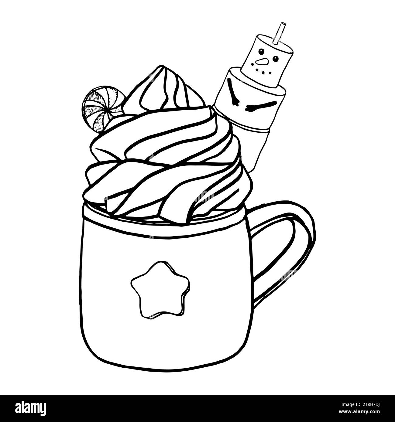 Heißgetränk Schokoladentasse mit Schlagsahne und Weihnachtsmarshmallow Schneemann, Schokoladensbonbons. Grafik Vektor Illustration Kaffeetasse niedliches Design. Stock Vektor