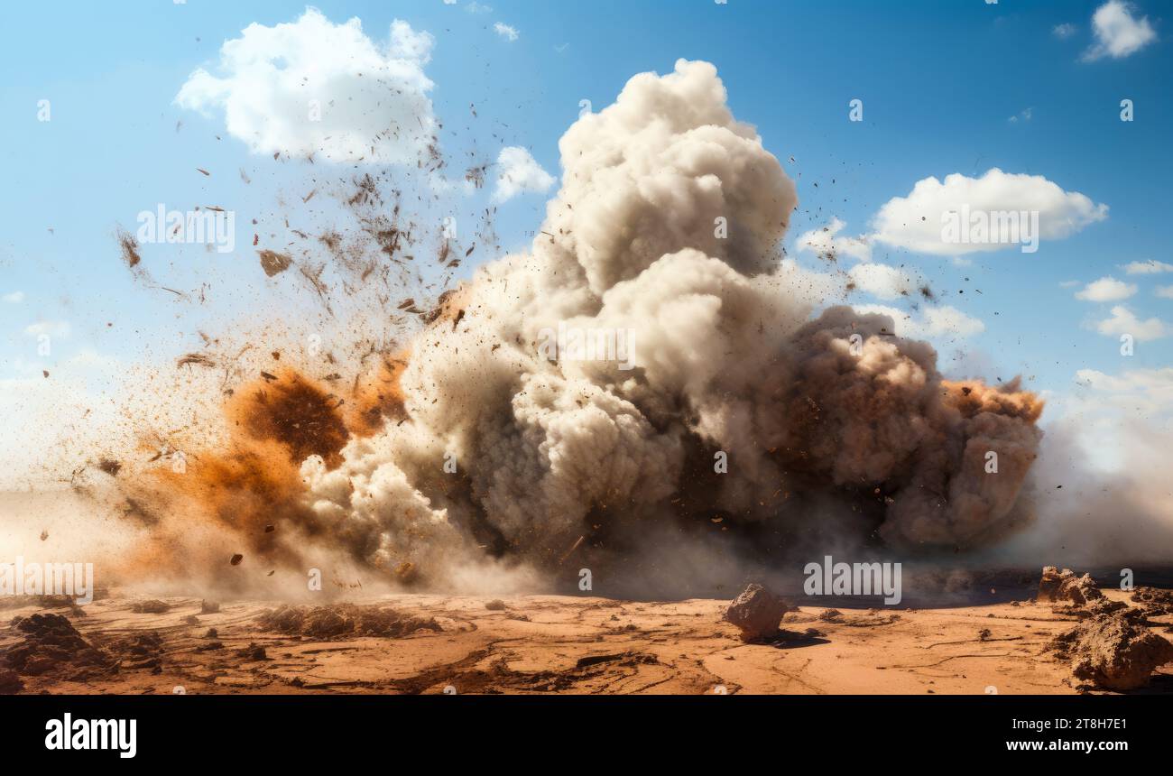 Schlamm und Gesteinsspritzer durch Sprengungen auf dem Bergbaugelände Stockfoto