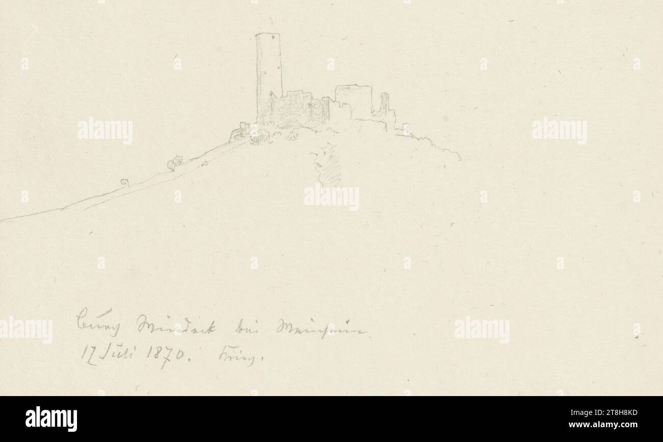 CARL THEODOR REIFFENSTEIN, Schloss Windeck bei Weinheim, 12. Juli 1870, Blatt, 99 x 125 mm, Bleistift auf Papier, Schloss Windeck bei Weinheim, CARL THEODOR REIFFENSTEIN, Seite, Klebebänder, Band 30, Seite 3, Teilenummer / gesamt, 2 / 2, WEINHEIMER Umfang, 19. JAHRHUNDERT, ZEICHNUNG, Bleistift auf Papier, GRAPHIT-TON-MISCHUNG, PAPIER, BLEISTIFTZEICHNUNG, DEUTSCH, ARCHITEKTURSTUDIE, LANDSCHAFTSSTUDIE, REISESTUDIE, SKIZZE, datiert und beschriftet links unten, in Bleistift, Schloss Windeck bei Weinheim / 12. Juli 1870. War., nummeriert auf der Seite über der Zeichnung, in schwarzem Stift Stockfoto