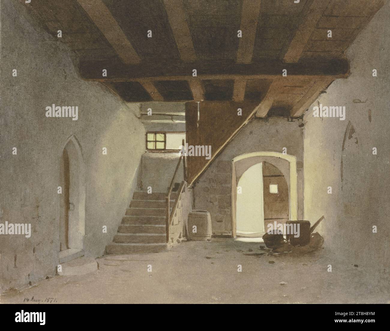 CARL THEODOR REIFFENSTEIN, Zimmer im Dienstbotenhaus des Klosters Maulbronn, 14. August 1871, Blatt, 131 x 168 mm, Aquarellfarbe über Bleistift auf Pergamentpapier, Zimmer im Dienstbotenquartier des Klosters Maulbronn, CARL THEODOR REIFFENSTEIN, Seite, Klebebänder, Band 30, Seite 27, Teilenummer / gesamt, 2 / 2, 19. JAHRHUNDERT, ZEICHNUNG, Aquarell über Bleistift auf Pergamentpapier, AQUARELLFARBE, GRAPHIT-TON-MISCHUNG, SAMTPAPIER, AQUARELLFARBE, PINSELZEICHNUNG, BLEISTIFTZEICHNUNG, DEUTSCH, ZEICHNUNG IN BILDGRÖSSE, datiert unten links, mit dem Pinsel in Braun, 14. August 1871, nummeriert auf der Seite unter der Zeichnung Stockfoto