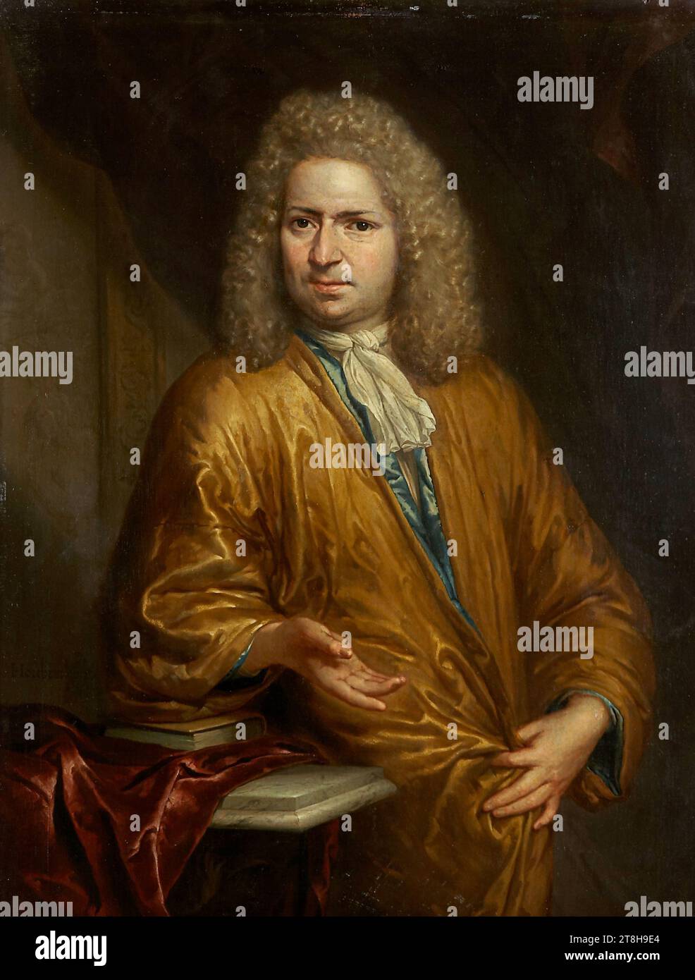 ARNOLD HOUBRAKEN, Porträt eines Mannes, Rudolf van Loen? 1700, Maße, 42,7 x 33,8 x min. 0,3 cm, Tiefe max., 1,2 cm, Öl auf Holz, Porträt eines Mannes, Rudolf van Loen?, Maler, ARNOLD HOUBRAKEN, 18. JAHRHUNDERT, BAROCK, MALEREI, Öl auf Holz, HOLZ, ÖL, am linken Bildrand in Ellbogenhöhe ist die Inschrift Houbraken Stockfoto