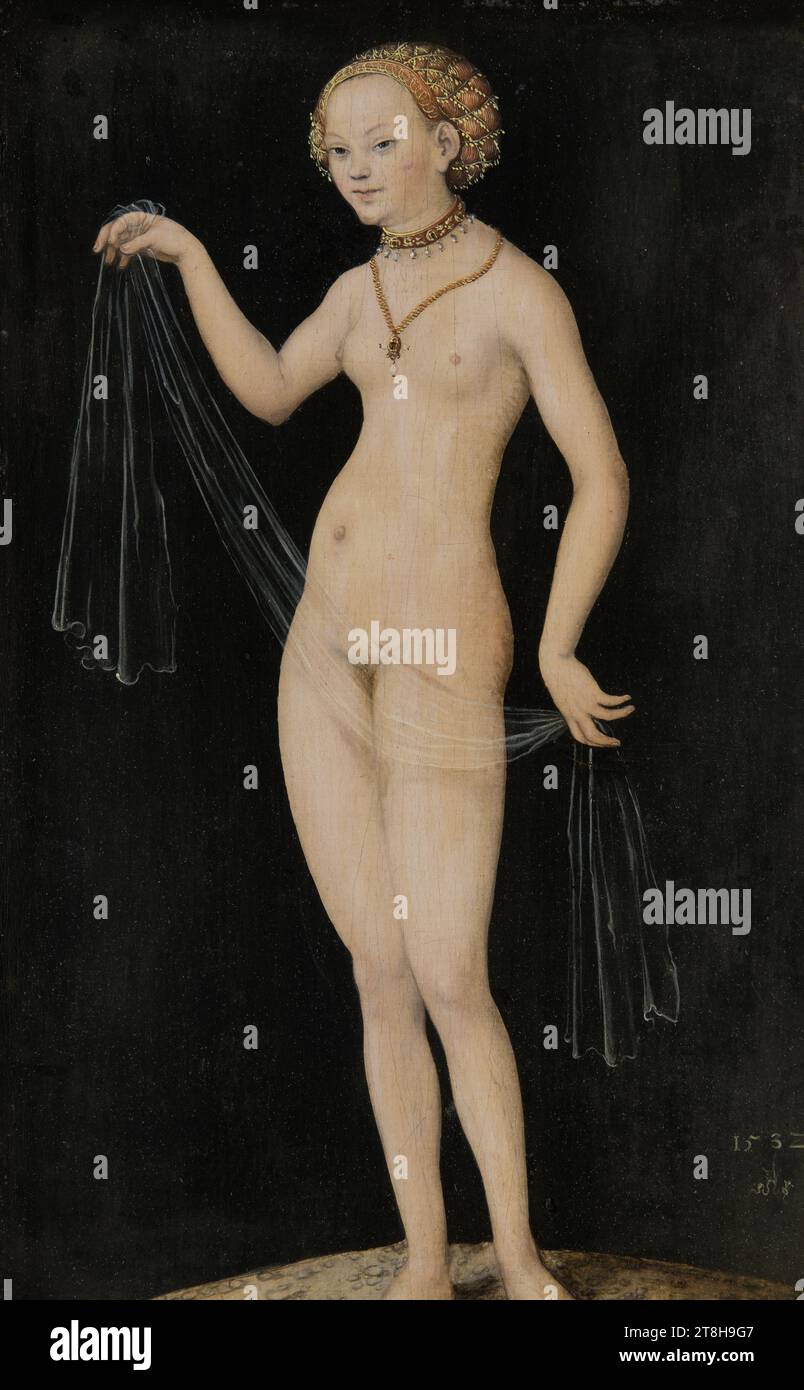 LUCAS CRANACH D. Ä., Venus, 1532, Maße, 37,7 x 24,5 x min. 0,5 cm, Tiefe max. 0,5 cm, Mischmedien auf Buche, Venus, Maler, LUCAS CRANACH D. Ä., 16. JAHRHUNDERT, RENAISSANCE, MALEREI, Mischmedien auf Buche, BUCHE, MISCHTECHNIK, datiert unten rechts: 1532, einschließlich des Schlangenzeichens mit umgedrehten Flügeln Stockfoto