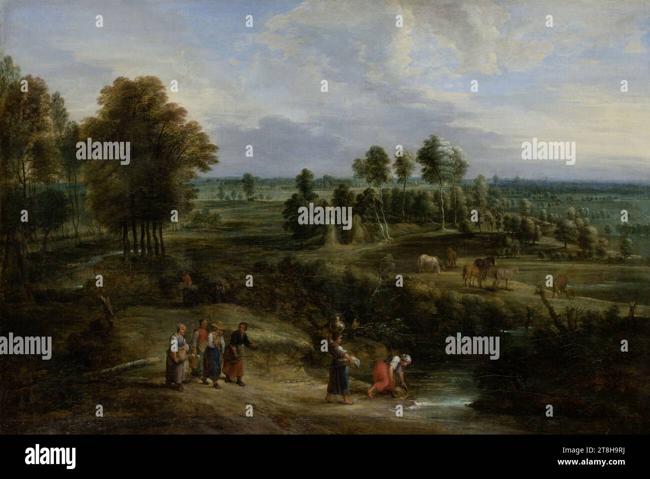 LUCAS VAN UDEN, flache Landschaft mit Wiesen und Baumgruppen, ca. 1650 - 1660, Abmessungen, 40,0 x 58,6 cm, Öl auf Leinwand, flache Landschaft mit Wiesen und Baumgruppen, Maler, LUCAS VAN UDEN, 17. JAHRHUNDERT, BAROCK, GEMÄLDE, Öl auf Leinwand, LEINWAND, ÖL, Inschrift unter dem Baumstamm hinter der Gruppe der Bauernfrauen links: Lucas v. vdn Stockfoto