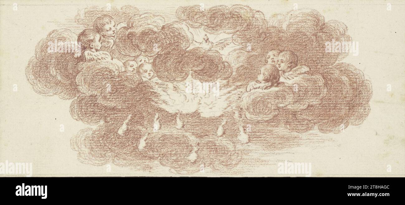 CHARLES-NICOLAS COCHIN D.J., der Heilige Geist, umgeben von Engeln, ca. 1767 - 1776, Blatt, 71 x 161 mm, rote Kreide über grauem Bleistift auf handgeschöpftem Papier, altmontiert, der Heilige Geist, umgeben von Engeln, CHARLES-NICOLAS COCHIN D. J., 18. JAHRHUNDERT, ROKOKO, ZEICHNUNG, rote Kreide über grauem Stift auf handgeschöpftem Papier, altmontiert, ROT WEISS, GRAPHIT?, HANDGESCHÖPFTES PAPIER, ROT-WEISS-ZEICHNUNG, STIFTZEICHNUNG, GRAPHIT-BLEISTIFTZEICHNUNG?, FRANZÖSISCH, BILDZEICHNUNG, ENTWURF FÜR Eine ZEICHNUNG, ENTWURF FÜR Eine BUCHILL USTRATION, rückseitig in der Mitte beschriftet, mit Bleistift, L.E.; unten Mitte, mit Stift in schwarz, N. 38 Stockfoto