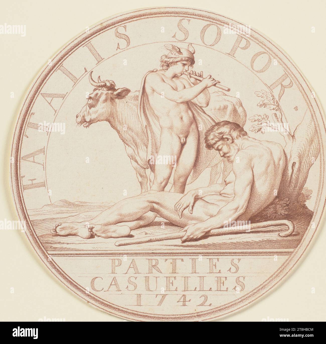 EDME BOUCHARDON, Mercury lässt Argus mit seinem Flötenspiel schlafen, um Juno zu entführen, der in eine Kuh verwandelt wurde, Gedenkmünze 'Parties Casuelles 1742', ca. 1742, Blatt, Durchmesser: 209 mm, rote Kreide auf handgemachtem Papier, Mercury lässt Argus schlafen, während seine Flöte eine spielt, um Juno zu entführen, die in eine Kuh verwandelt wurde, Gedenkmünze 'Parties Casuelles 1742', EDME BOUCHARDON, 18. JAHRHUNDERT, SPÄTBAROCKER FRÜHKLASSIZISMUS, ZEICHNUNG, rote Kreide auf handgeschöpftem Papier, ROTE Kreide, handgeschöpftes Papier, rote KREIDEZEICHNUNG, FRANZÖSISCH, BILDERZEICHNUNG, KUNSTWERK FÜR DIESE KUNST, eingeschrieben in der Stockfoto