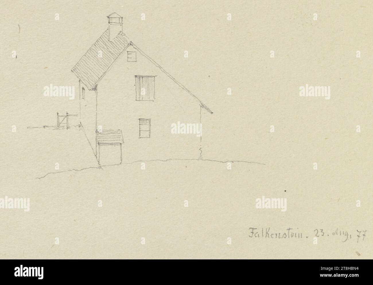 CARL THEODOR REIFFENSTEIN, Haus in Königstein-Falkenstein, 23. August 1877, Blatt, 118 x 150 mm, Bleistift auf Pergamentpapier, Haus in Königstein-Falkenstein, CARL THEODOR REIFFENSTEIN, Seite, Klebebänder, Band 34, Seite 50, Teilenummer / gesamt, 1 / 1, KÖNIGSTEIN-FALKENSTEIN, 19. JAHRHUNDERT, ZEICHNUNG, Bleistift auf Pergamentpapier, GRAPHIT-TON-MISCHUNG, SAMTPAPIER, BLEISTIFTZEICHNUNG, DEUTSCH, ARCHITEKTURSTUDIE, REISESTUDIE, datiert und beschriftet unten rechts, in Bleistift, Falkenstein. 23. August 1977, Inschrift auf der Seite rechts neben der Zeichnung, in Bleistift, Leica Stockfoto