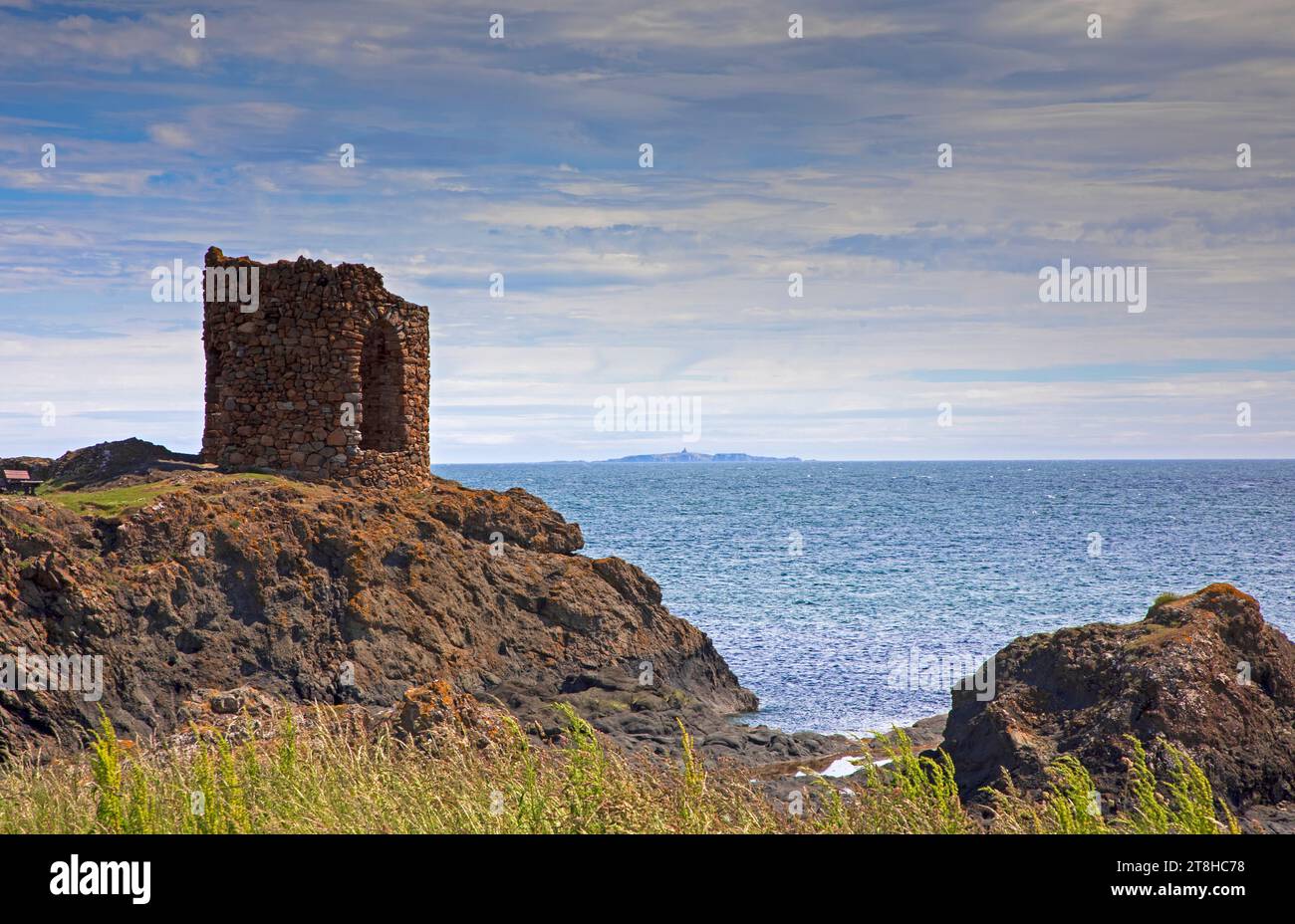 Lady's Tower am Fife Coastal Path mit Isle of May im Hintergrund über dem Firth of Forth, Elie, Fife, Schottland, Großbritannien. Stockfoto