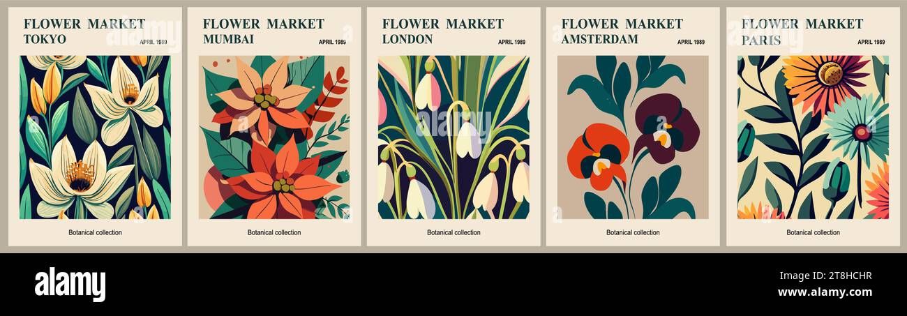 Satz abstrakter Blumenmarkt-Vektorplakate. Stock Vektor